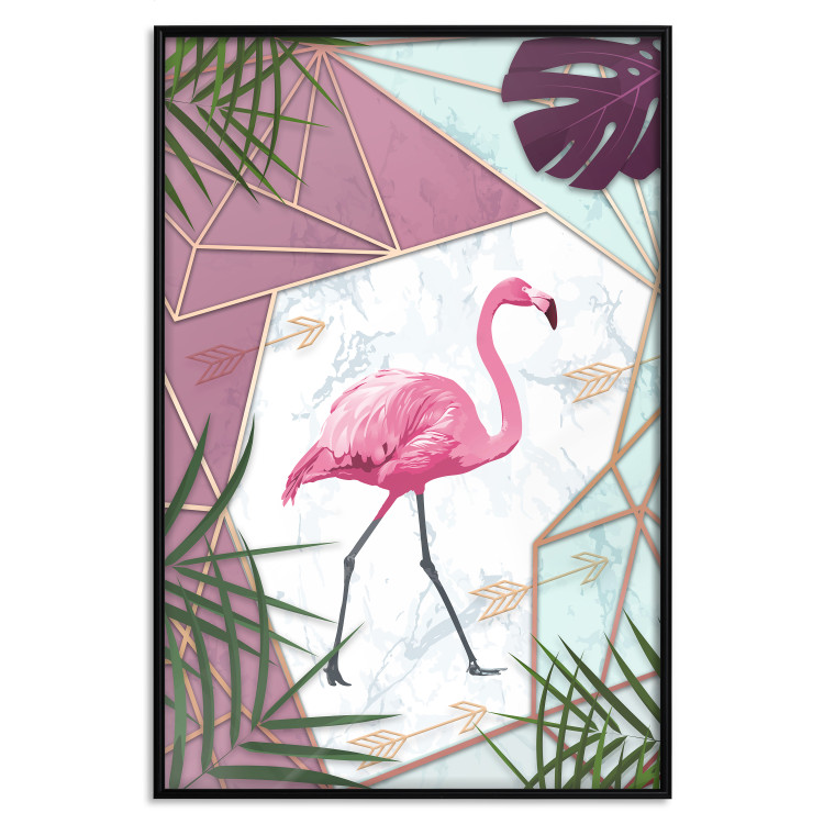 Poster Flamingo Stroll - geometric abstraction with a pink bird and leaves 114441 additionalImage 25