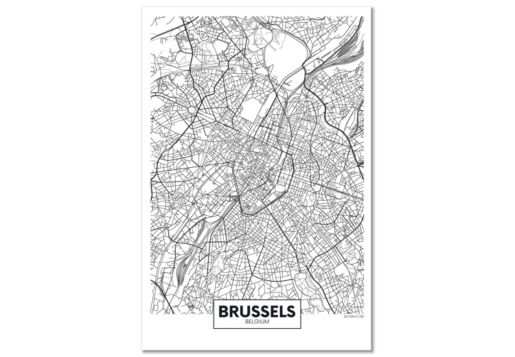 Canvas Art Print Streets of Brussels - black and white linear map of Belgian city 116341