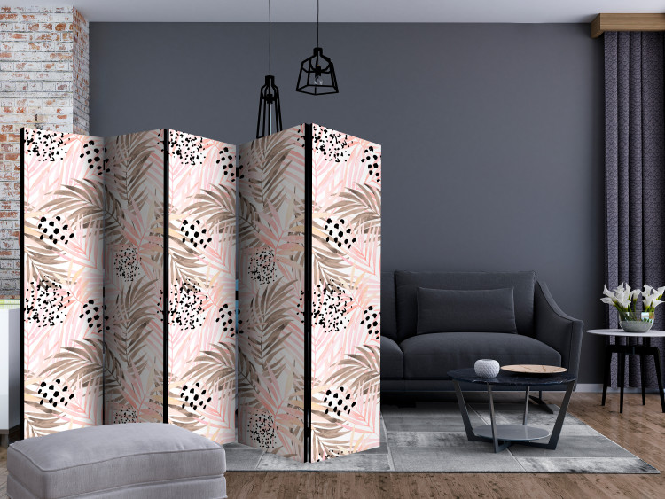 Folding Screen Pink Palms II (5-piece) - tropical leaves with a touch of gold and bronze 124241 additionalImage 4