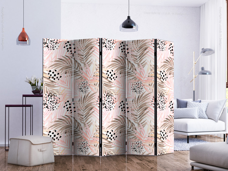 Folding Screen Pink Palms II (5-piece) - tropical leaves with a touch of gold and bronze 124241 additionalImage 2