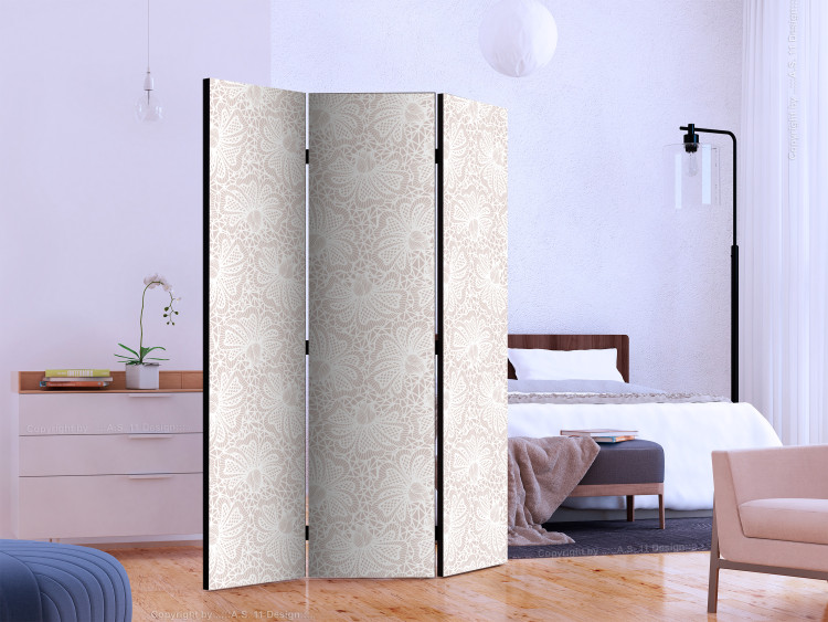 Room Divider Screen Knitted Decorations (3-piece) - beige plant motif and white background 124341 additionalImage 2