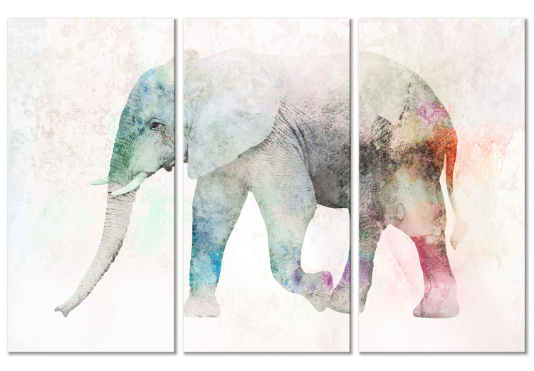 Canvas Painted Elephant (3-part) - colorful elephant on an uneven beige background 127541