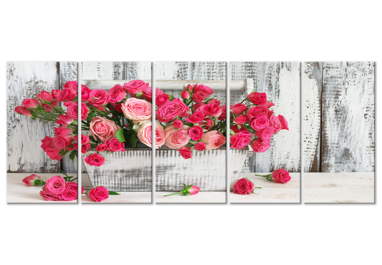 Canvas Roses in a Pot (5-part) wide - pink flowers in vintage style 129141