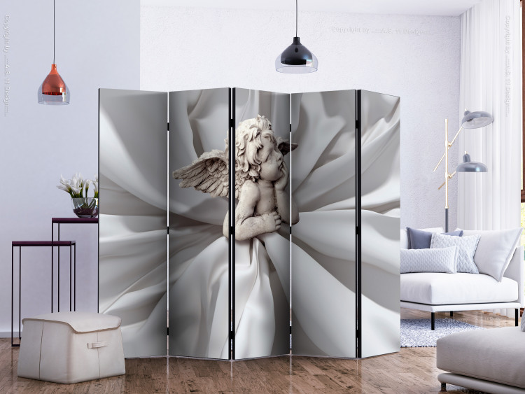 Folding Screen Angelic Dream II (5-piece) - angel sculpture amid white fabric 132741 additionalImage 2