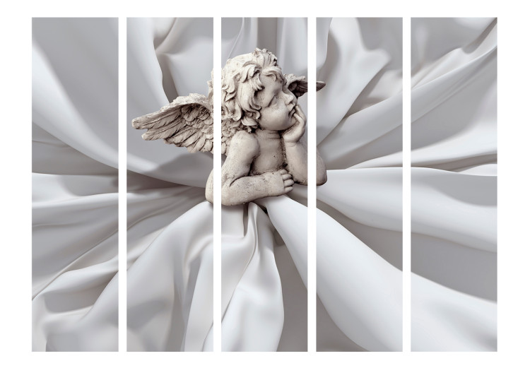 Folding Screen Angelic Dream II (5-piece) - angel sculpture amid white fabric 132741 additionalImage 3