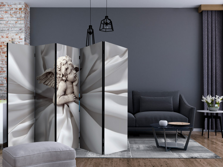 Folding Screen Angelic Dream II (5-piece) - angel sculpture amid white fabric 132741 additionalImage 4