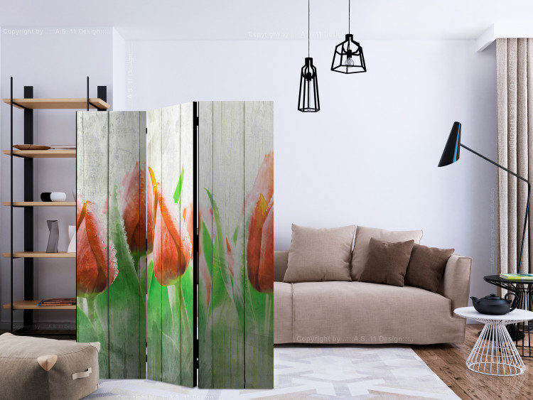 Folding Screen Red Tulips on Wood - flowers on white wooden fence 133641 additionalImage 4