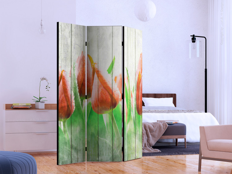 Folding Screen Red Tulips on Wood - flowers on white wooden fence 133641 additionalImage 2