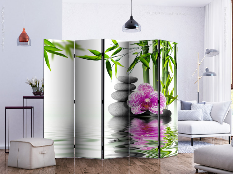 Folding Screen Orchid Serenity II (5-piece) - oriental composition with stones 134341 additionalImage 2