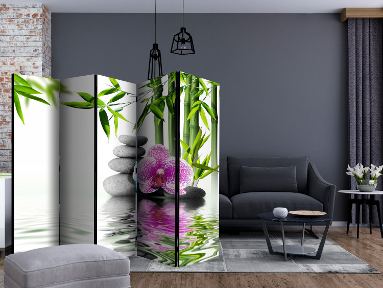 Folding Screen Orchid Serenity II (5-piece) - oriental composition with stones 134341 additionalImage 4