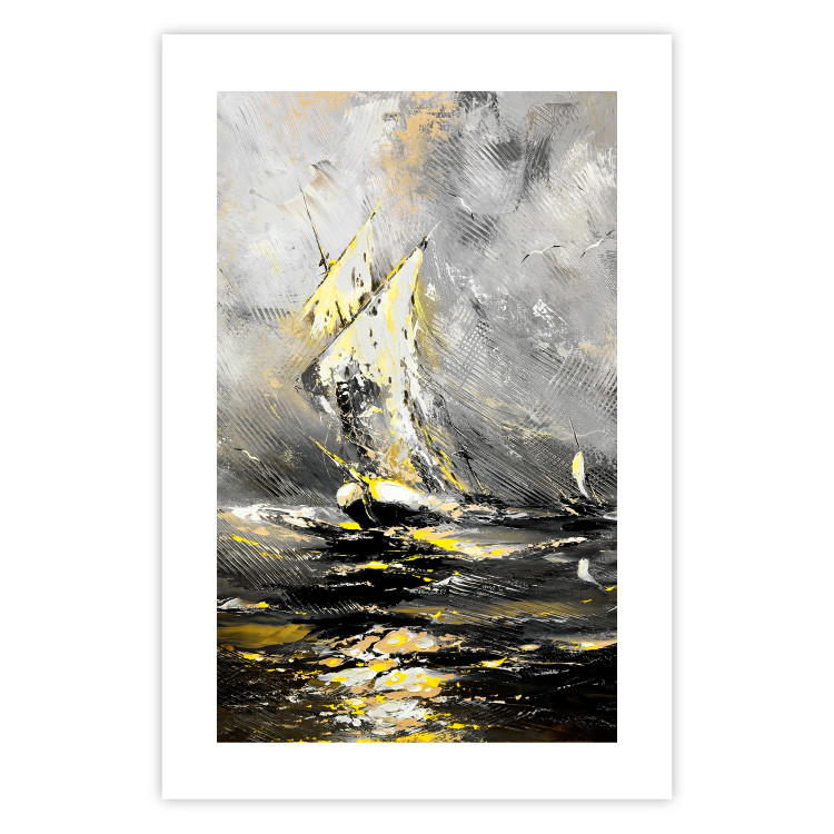 Poster Ship Amidst the Storm - grayscale landscape of a ship at sea 136041 additionalImage 11
