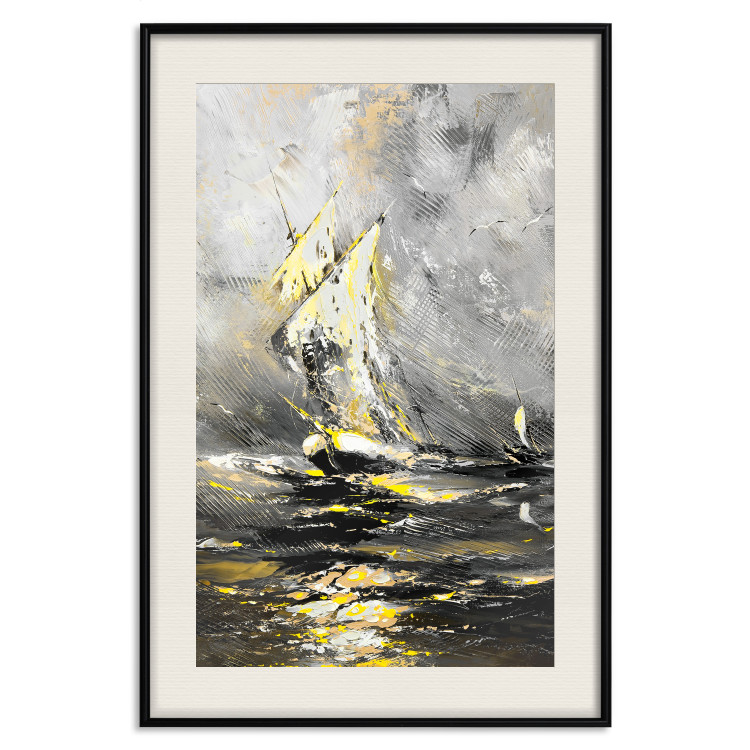 Poster Ship Amidst the Storm - grayscale landscape of a ship at sea 136041 additionalImage 17