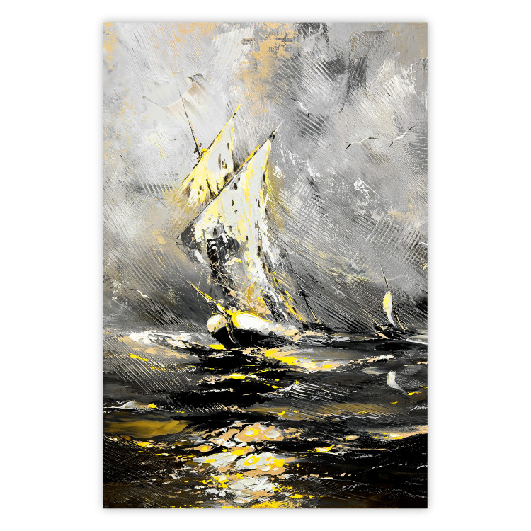 Poster Ship Amidst the Storm - grayscale landscape of a ship at sea 136041