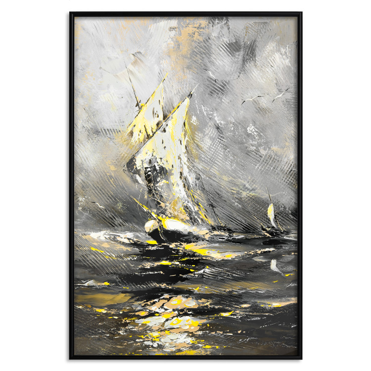 Poster Ship Amidst the Storm - grayscale landscape of a ship at sea 136041 additionalImage 12
