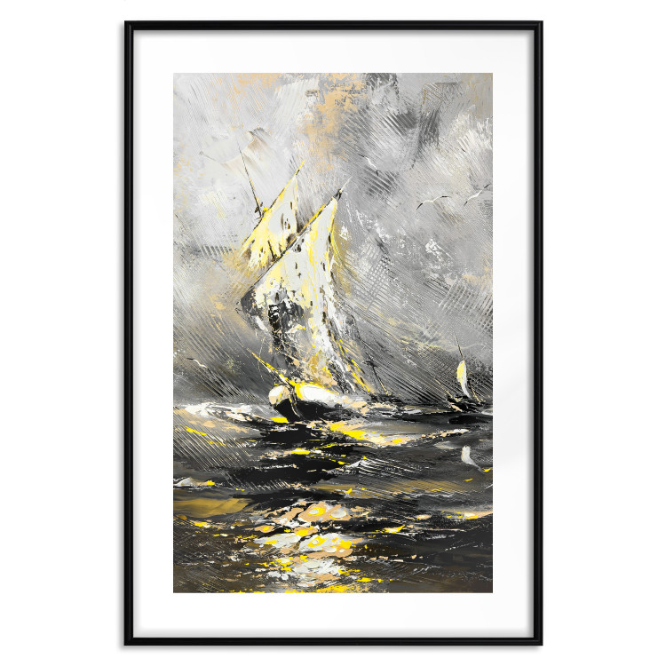 Poster Ship Amidst the Storm - grayscale landscape of a ship at sea 136041 additionalImage 19