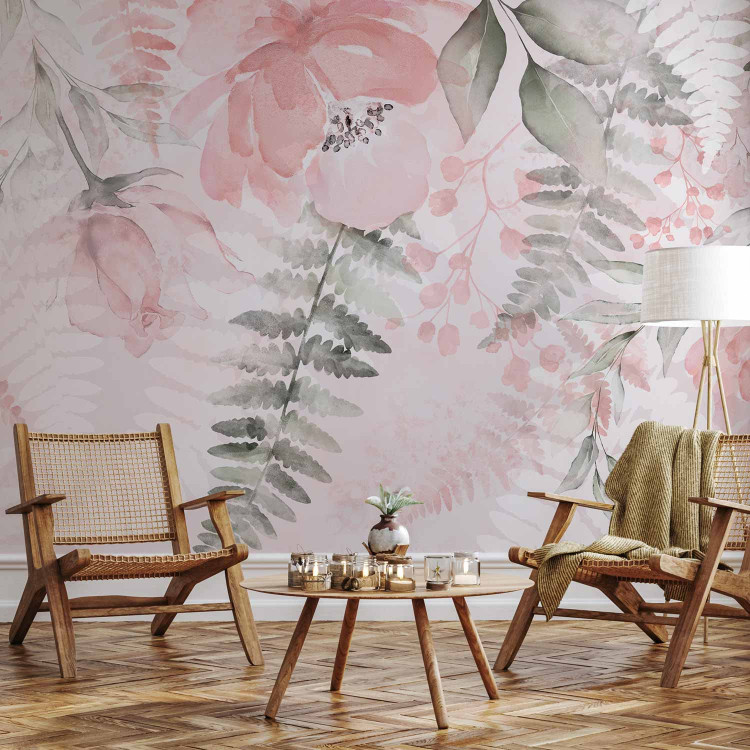 Wall Mural Pink melancholy - motif of various flowers and leaves in watercolour style 138541