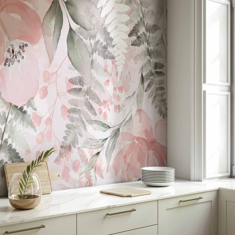 Wall Mural Pink melancholy - motif of various flowers and leaves in watercolour style 138541 additionalImage 7