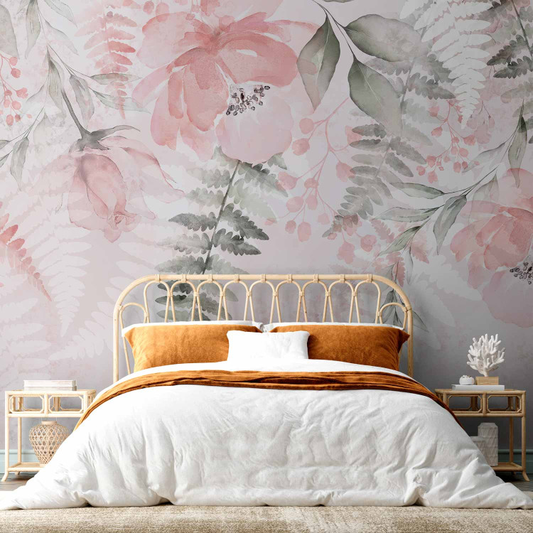 Wall Mural Pink melancholy - motif of various flowers and leaves in watercolour style 138541 additionalImage 2