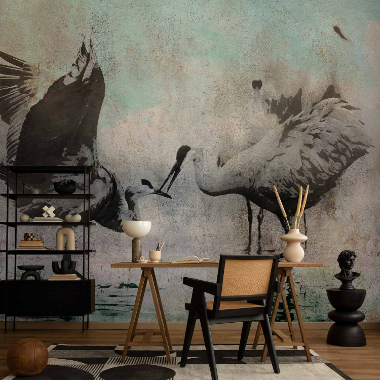 Photo Wallpaper A pair of cranes - dancing birds on a gray background 138841 additionalImage 4