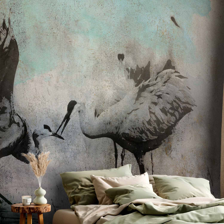 Photo Wallpaper A pair of cranes - dancing birds on a gray background 138841 additionalImage 2