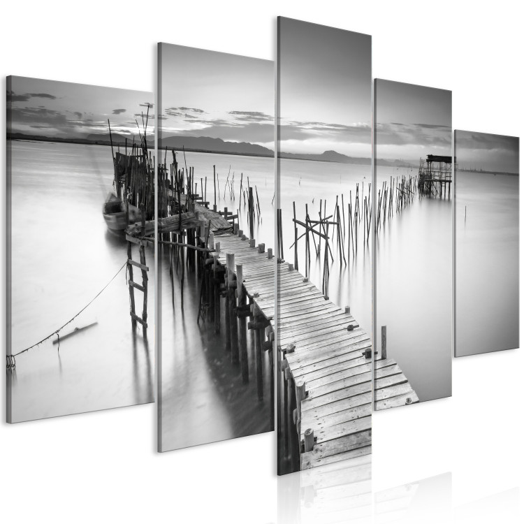 Canvas Bridge on the Lake - Black and White Landscape With Water Against the Background of the Sunset 151841 additionalImage 2