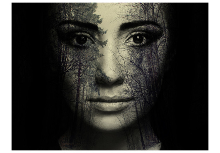 Photo Wallpaper Woman of the Forest - Fantasy of a face with trees in the forest on a black background 61241 additionalImage 1
