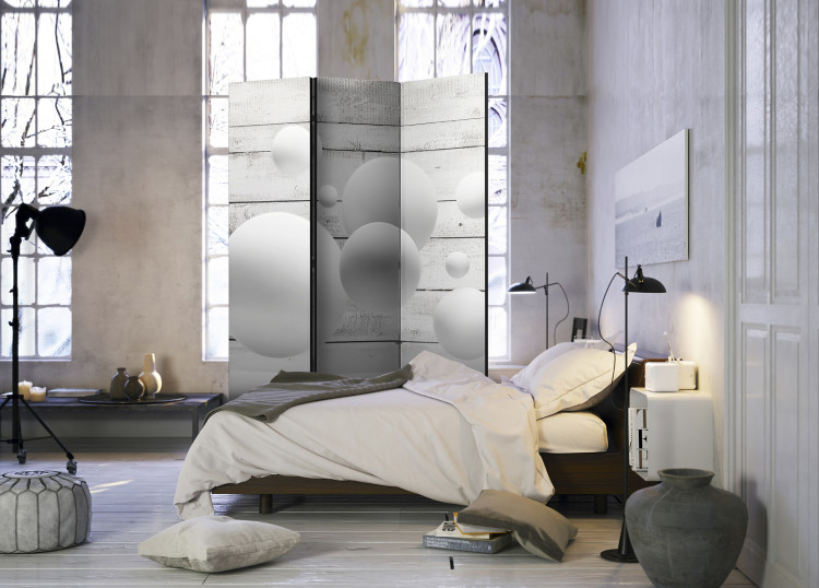 Room Divider Screen Spheres - illusion of abstract 3D shapes on a background of gray wooden planks 95241 additionalImage 4