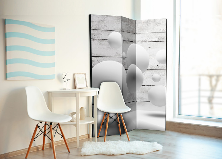 Room Divider Screen Spheres - illusion of abstract 3D shapes on a background of gray wooden planks 95241 additionalImage 2