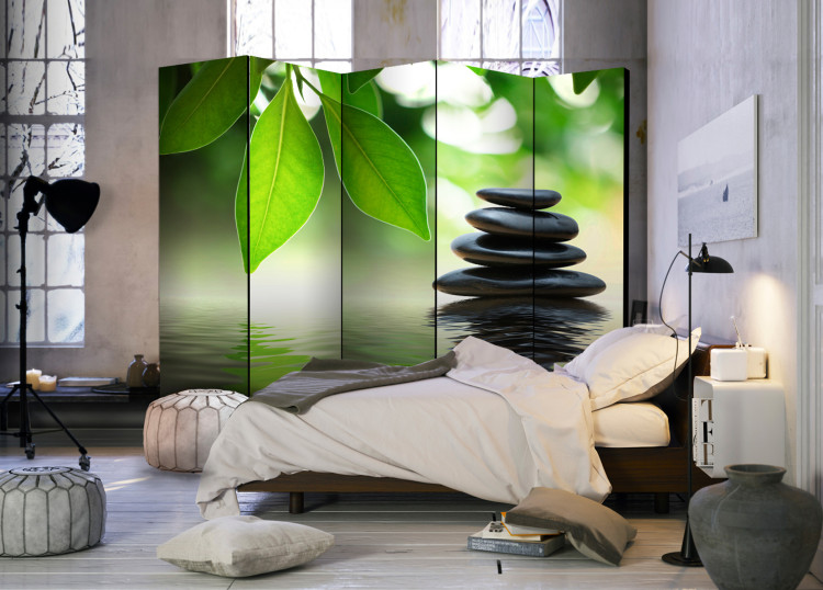 Room Divider Screen Tranquility II - black oriental stones against green leaves and water 97341 additionalImage 4