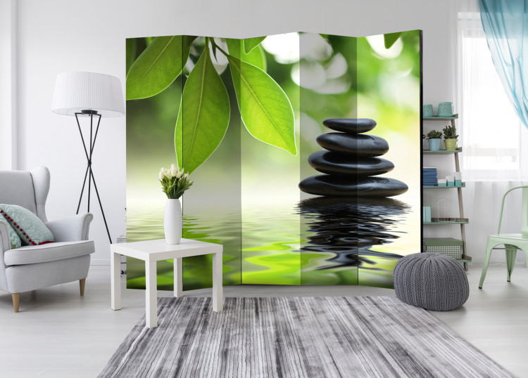 Room Divider Screen Tranquility II - black oriental stones against green leaves and water 97341 additionalImage 2