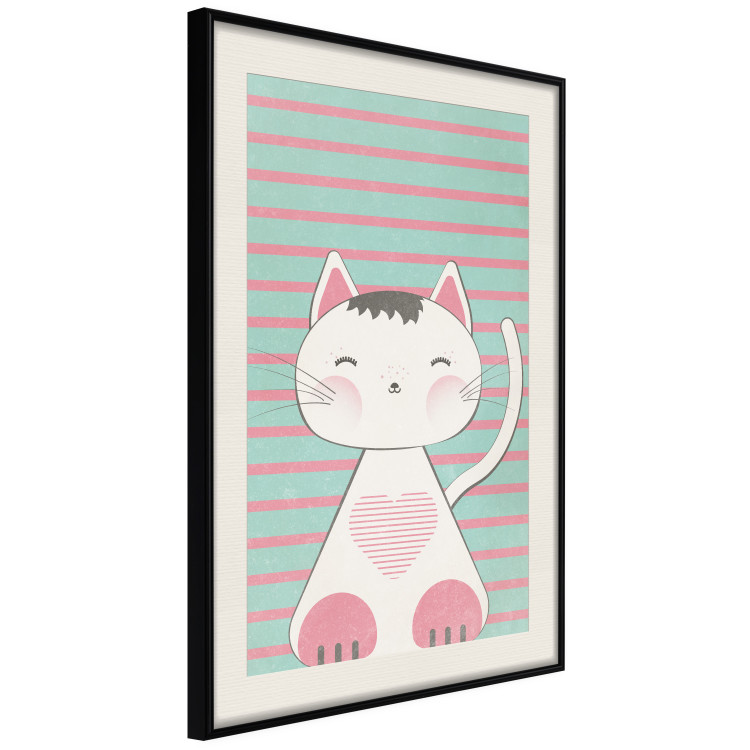 Wall Poster Striped Kitty - animal with a heart on turquoise striped wall 129551 additionalImage 2