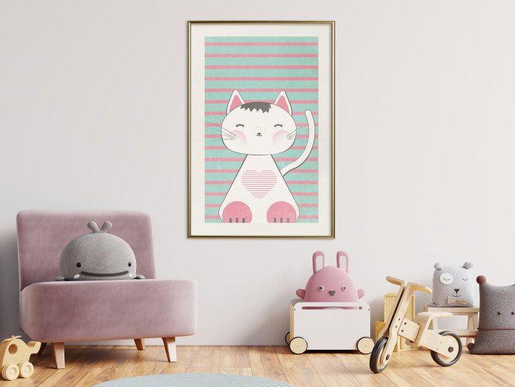 Wall Poster Striped Kitty - animal with a heart on turquoise striped wall 129551 additionalImage 22