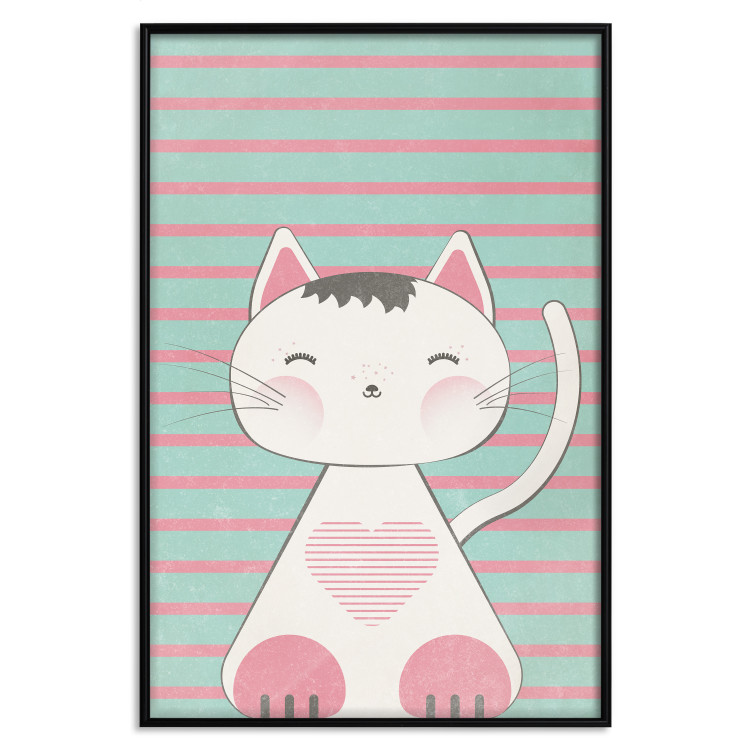 Wall Poster Striped Kitty - animal with a heart on turquoise striped wall 129551 additionalImage 18