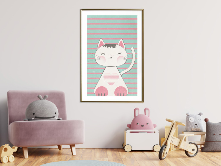 Wall Poster Striped Kitty - animal with a heart on turquoise striped wall 129551 additionalImage 15