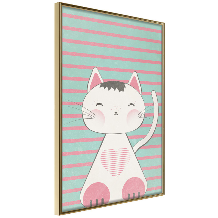Wall Poster Striped Kitty - animal with a heart on turquoise striped wall 129551 additionalImage 14