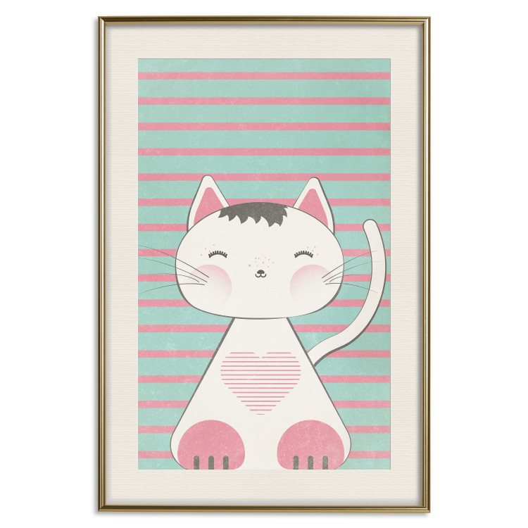 Wall Poster Striped Kitty - animal with a heart on turquoise striped wall 129551 additionalImage 20