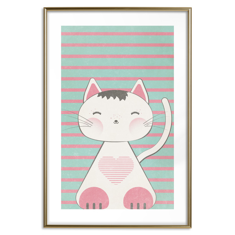 Wall Poster Striped Kitty - animal with a heart on turquoise striped wall 129551 additionalImage 16