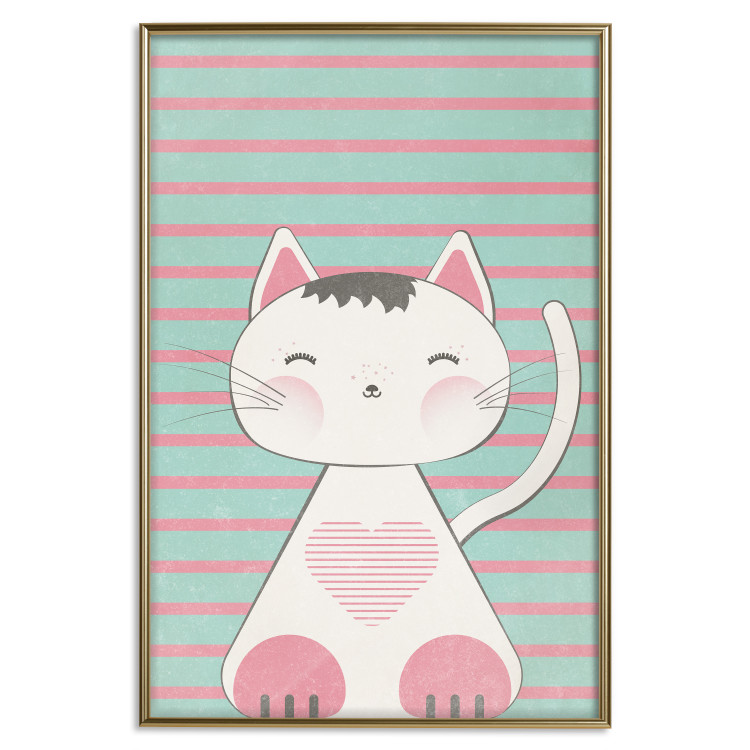 Wall Poster Striped Kitty - animal with a heart on turquoise striped wall 129551 additionalImage 21