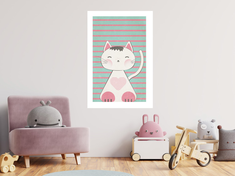 Wall Poster Striped Kitty - animal with a heart on turquoise striped wall 129551 additionalImage 5