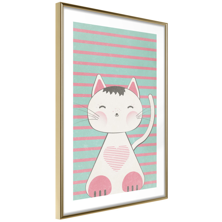 Wall Poster Striped Kitty - animal with a heart on turquoise striped wall 129551 additionalImage 9