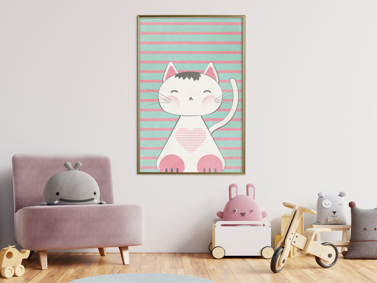 Wall Poster Striped Kitty - animal with a heart on turquoise striped wall 129551 additionalImage 7
