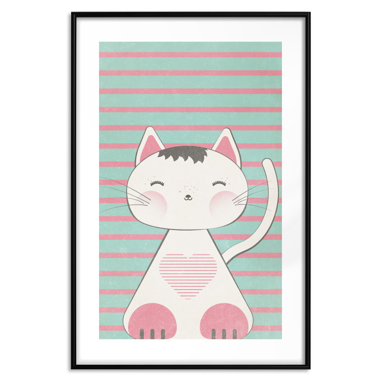 Wall Poster Striped Kitty - animal with a heart on turquoise striped wall 129551 additionalImage 17