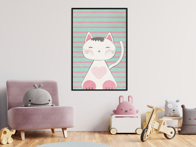 Wall Poster Striped Kitty - animal with a heart on turquoise striped wall 129551 additionalImage 6
