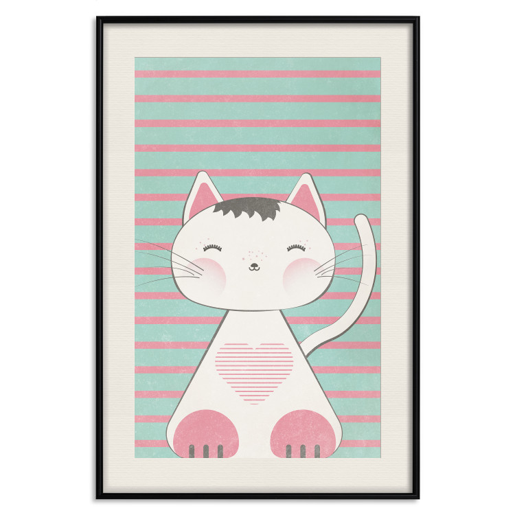 Wall Poster Striped Kitty - animal with a heart on turquoise striped wall 129551 additionalImage 19