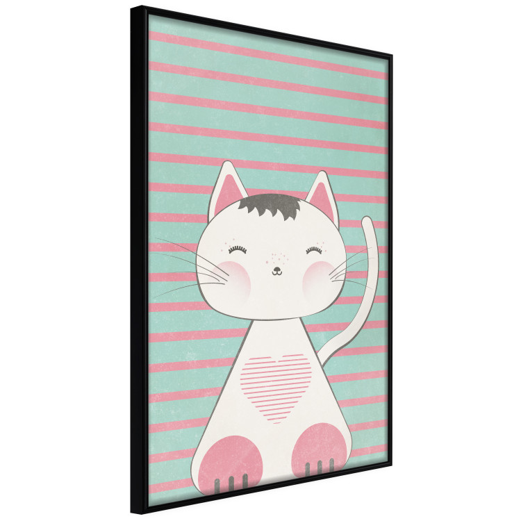 Wall Poster Striped Kitty - animal with a heart on turquoise striped wall 129551 additionalImage 13