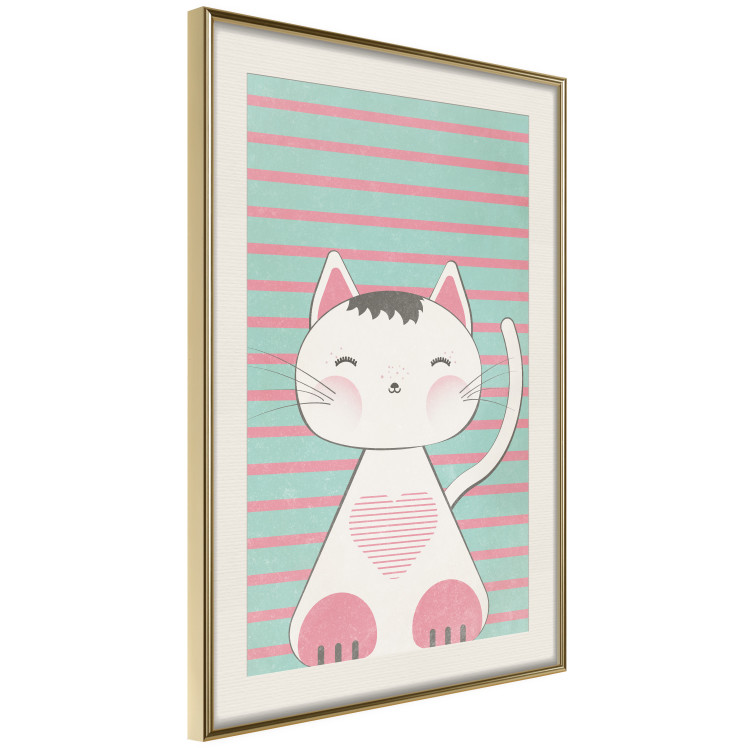 Wall Poster Striped Kitty - animal with a heart on turquoise striped wall 129551 additionalImage 3