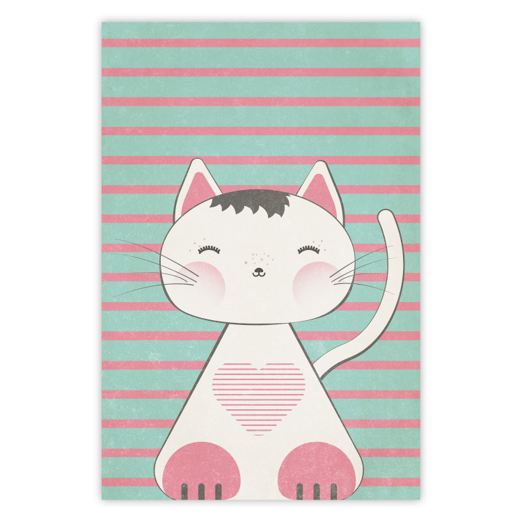 Wall Poster Striped Kitty - animal with a heart on turquoise striped wall 129551