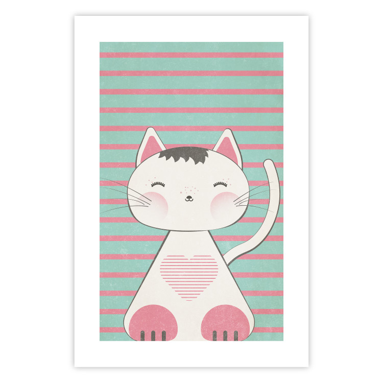 Wall Poster Striped Kitty - animal with a heart on turquoise striped wall 129551 additionalImage 25