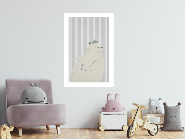 Poster Sweet-Toothed Bear - funny animal with two lollipops on a striped wall 130551 additionalImage 3
