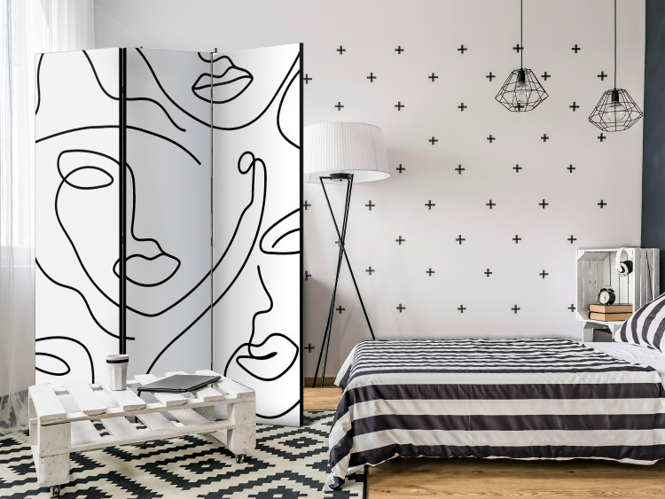 Folding Screen Girls' Night Out (3-piece) - Black and white abstraction in boho style 136551 additionalImage 2